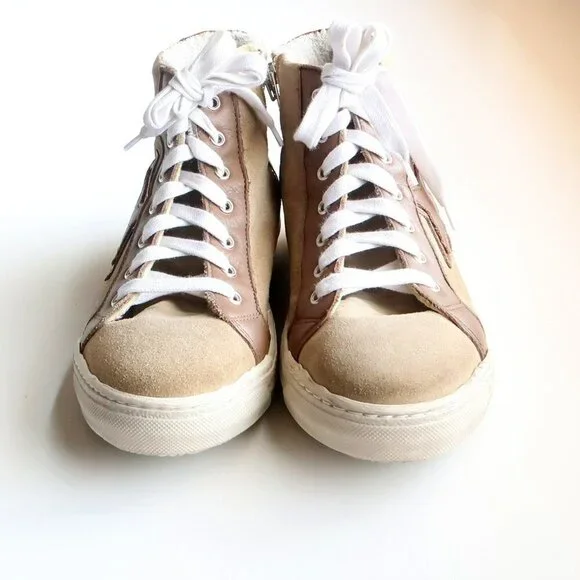The Shoe Box Beige Suede & Brown Leather High Top Sneakers Lace-up w Star 8.5 - Picture 4 of 16